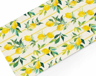 Tuscan Lemon Linen Table Runner, Watercolor Citrus Print