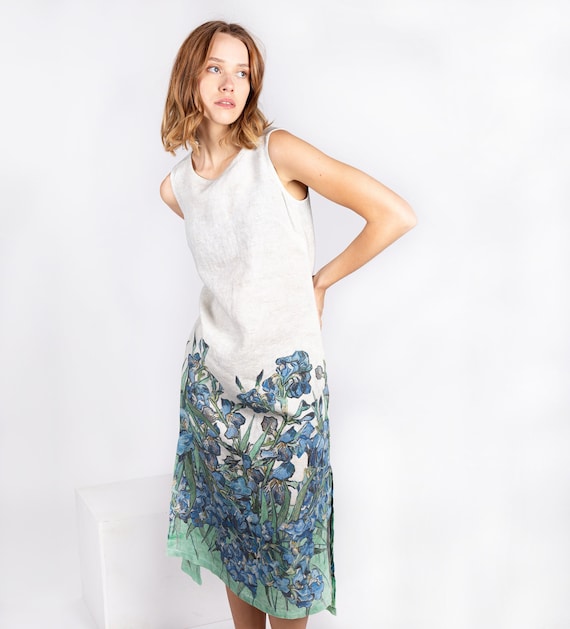 Linen dress, Van Gogh, Irises 1890, linen midi dress, linen summer dress, linen clothing, white linen dress