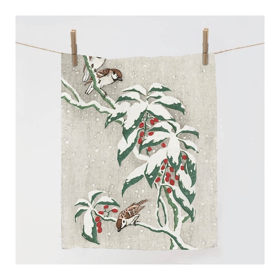 Kitchen towel, Mussen op besneeuwde bessenstruik, Ohara Koson, linen towel, Winter towel, Christmas decor, Christmas gift