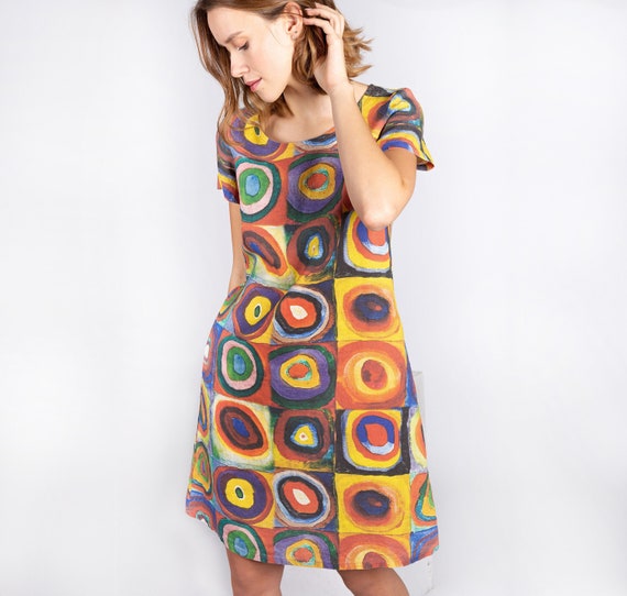 Kandinsky, Color study, Linen Dress, summer linen sundress, washed dress, knee Length, soft linen dress with pockets