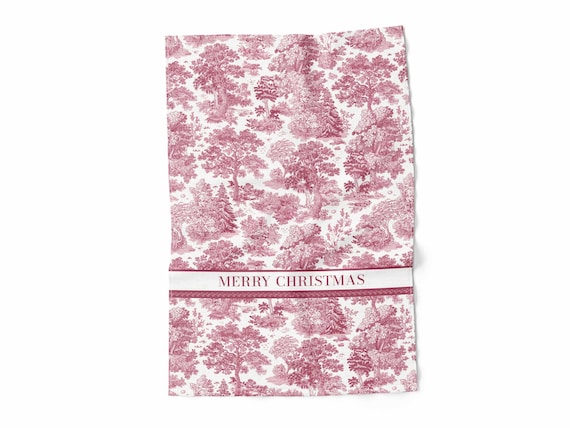 Christmas towel, Toile Pine, Merry Christmas, Burgundy color, Kitchen towel, tea towel, linen towel, towel with hook, 100% linen, gift idea