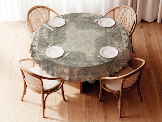 Handmade Round Linen Tablecloth, Villa d’Este Garden Print, Vintage Design, 100% linen