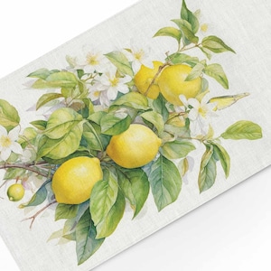 May include: A watercolour painting of a lemon tree branch with yellow lemons and white blossoms. The lemons are clustered together on the branch, and the blossoms are scattered throughout the painting. The leaves are green and lush, and the background is a light beige.
