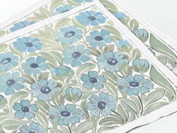 William De Morgan Linen Placemats Set: Vintage Tile Design