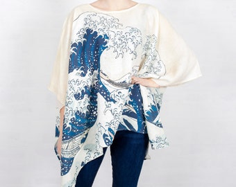 Hokusai, chemise en lin, vêtements wabi sabi, chemise taille unique, 100% lin, vêtements lounge, haut ample, chemise de maternité, débardeur, haut japon