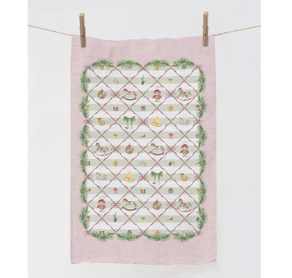 Kitchen towel, Pink Christmas, Christmas Memories, Holiday Kitchen decor, 100% linen