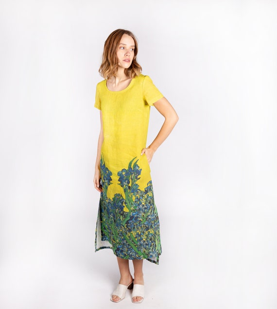 Linen dress, Van Gogh, Irises, mustard dress, linen midi dress, linen summer dress, linen clothing
