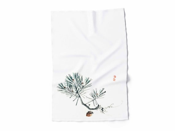 Linen towel, Kitchen towel, Pine by Kono Baire (1844-1895), tea towel, linen towel, towel with hook, 100% linen, linen kitchen towel