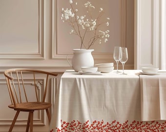 May include: A white tablecloth with a red berry border design, set for a dinner party with two wine glasses, plates, and a vase of white flowers.