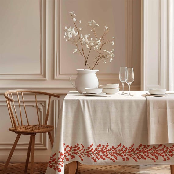 Christmas tablecloth, Red Berries, rectangle tablecloth, Winter tablecloth, Christmas decor, Christmas home, 100% linen fabric