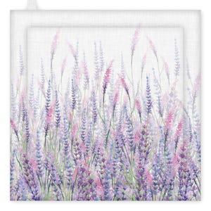 May include: A square, white kitchen towel featuring a watercolour painting of lavender flowers in shades of purple, pink, and green. The lavender is densely packed, creating a field of colour against a white background. The towel has a loop for hanging.
