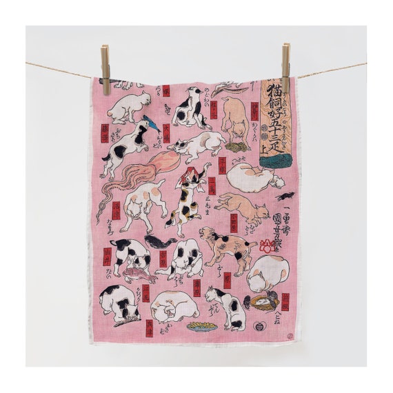 Utagawa Kuniyoshi, Cats, Fifty-three Stations of the Tokaido, 17" x 27", kitchen towel, linen towel, 100% linen, towel with hook