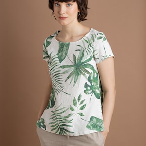 Monstera, linen women blouse, short sleeves, handmade shirt, natural blouse, comfortable shirt, linen top, linen summer Top, beach shirt