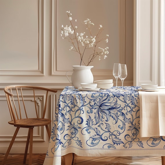Linen Tablecloth, Chinese Porcelain Print, 100% Linen