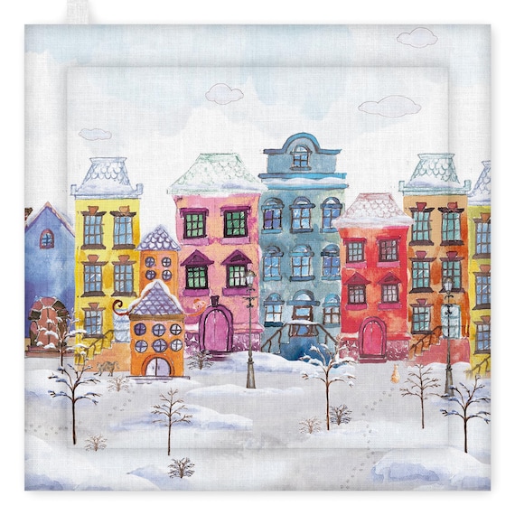 Pot Holder, Winter Night, kitchen accessory, linen pot holder, kitchen decoration