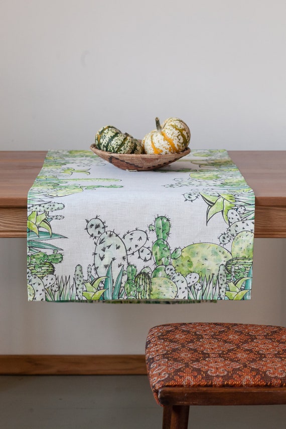 Table runner, Cactus print, printed table runner, linen table runner, hand made table runner, rustic decor, green decor, housewarming gift