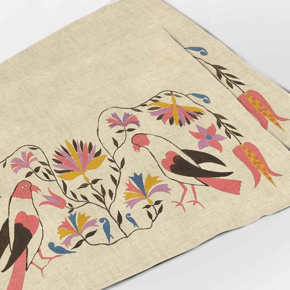 Placemats set, Decorated Chests of Rural Pennsylvania, 1941, ART NOUVEAU, birds pattern, Ethnic placemats, 100% linen, linen placemats