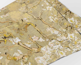 Manteles individuales de lino con diseño de flor de almendro de Van Gogh, edición dorada, hechos a mano en Lituania
