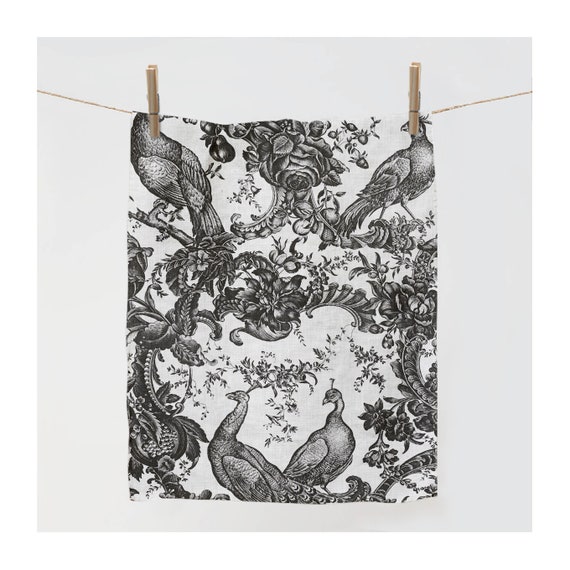 Towel, Peacocks, Toile de Jouy, 1765, linen towel, 100% linen, kitchen decor, custom towel, black white towel, dish towel