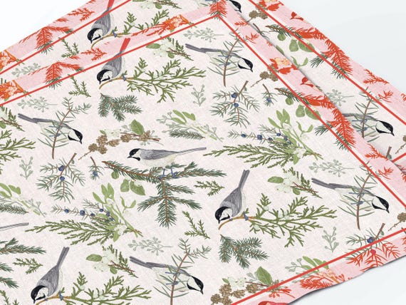 Placemats set, Nordic Birds, Winter placemats, Botanical decor, Eclectic placemats, 100% linen