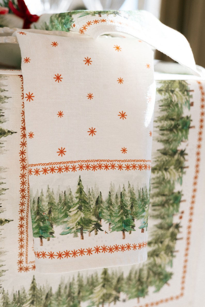 Table runner, Ethno-Festive Fir, Christmas table top, Christmas decor, Holiday table linens, 100% linen, linen table runner image 3