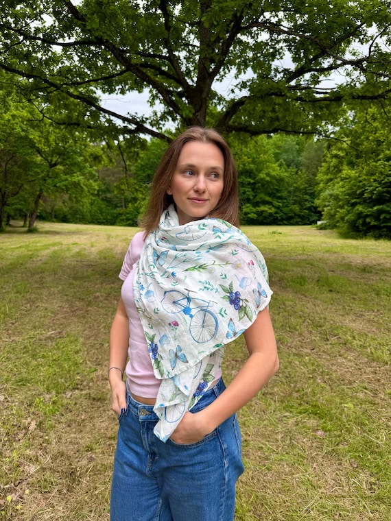 Linen Bicycles Print Scarf, Bohemian Blue Yellow Shawl