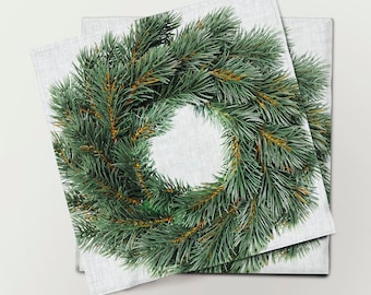 Ensemble de serviettes, couronne de branches d'épicéa, impressions sur lin, décoration de Noël, cadeau de Noël, serviettes en tissu, 100 % lin, serviettes de table des fêtes