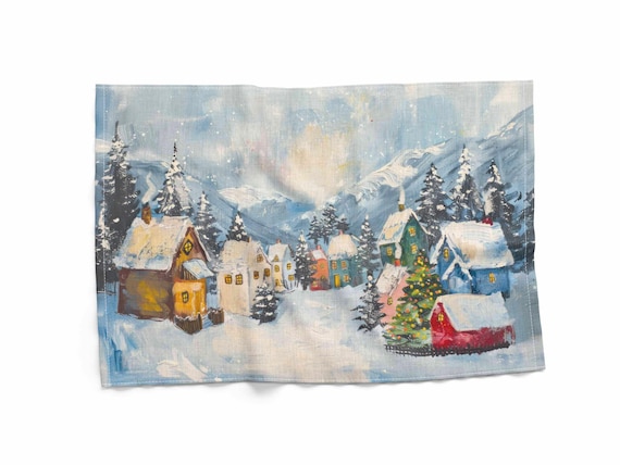 Christmas towel, Mountain Village, linen towel, 100% linen, Christmas kitchen decor