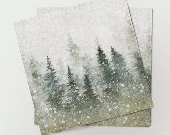 Napkins set, Magical Christmas landscape, Watercolor Christmas, linen napkins, 100% linen, Christmas napkins