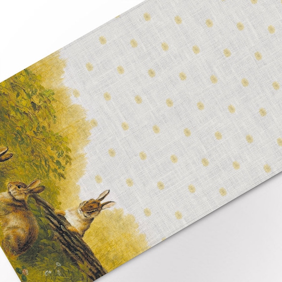 Table runner, Arthur Fitzwilliam Tait, Rabbits on a Log, 1897, Easter table runner, linen table runner, Easter decor, rabbits vintage