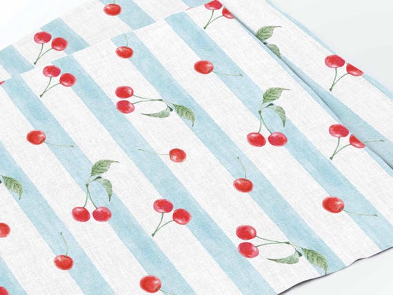 Placemats set, Vintage Cherries & Stripes, 100% linen
