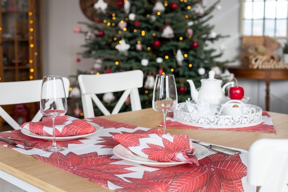 Table runner, Poinsettia, Christmas Flower, linen table runner, Red Christmas flower, Christmas plant, Winter table top