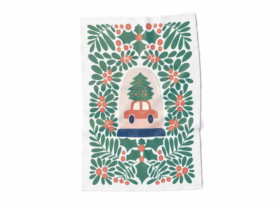 Linen towel, Modern Christmas, Holiday Car, 100% linen, fabric towel