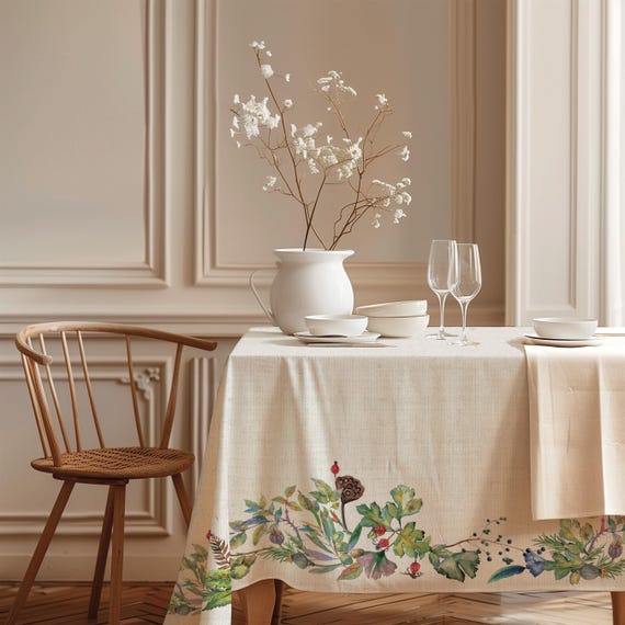 Linen Tablecloth, Autumn's dance, Fall Print, Farmhouse Style, 100% Linen, Thanksgiving table decor.