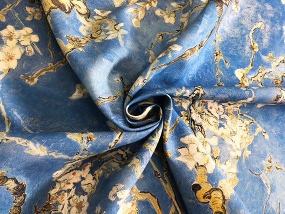 Denim Blue, Vincent van Gogh, Almond Blossom, Linen fabric, Fabric by yard, fabric by meters, 100% linen, wholesale, crafting fabric