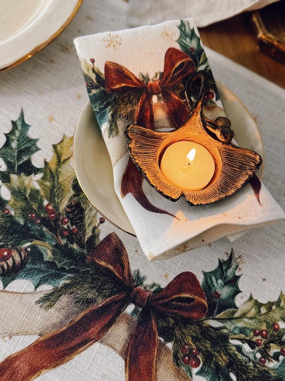 Napkins set, Velvet Ribbon, Vintage napkins, 100% linen, Holiday napkins