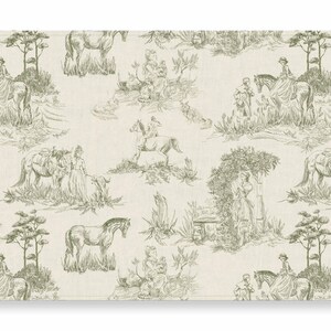 May include: A white background with a repeating pattern of green line drawings of people riding horses in a woodland setting.