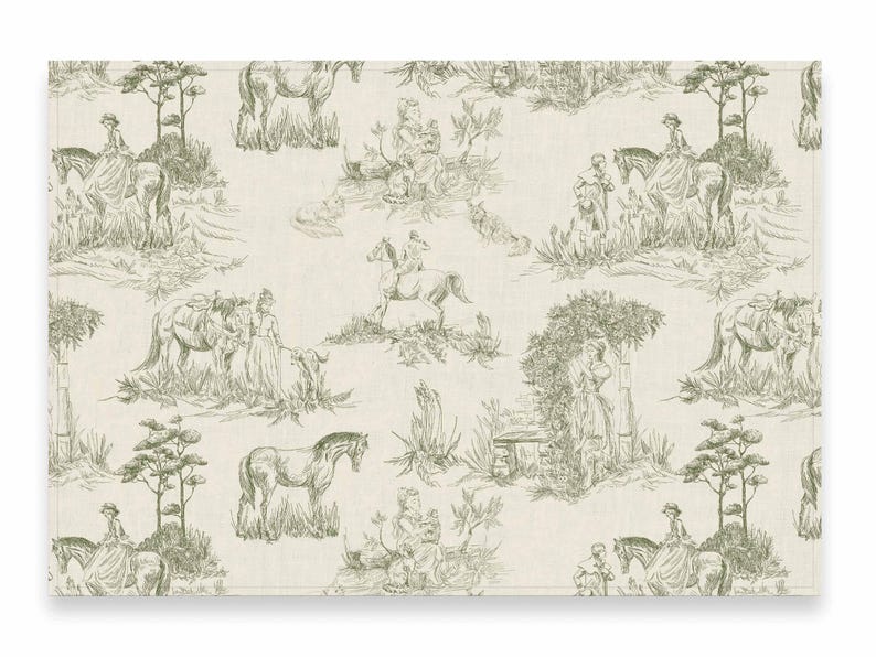 May include: A white background with a repeating pattern of green line drawings of people riding horses in a woodland setting.