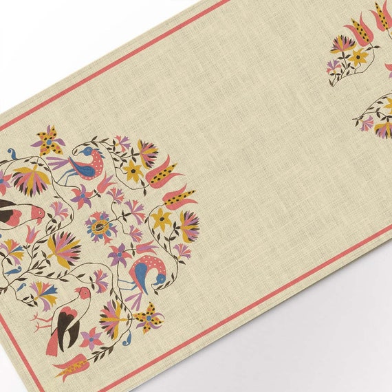 Table runner, Decorated Chests of Rural Pennsylvania, 1941, ART NOUVEAU, birds pattern, linen table runner, 100% linen