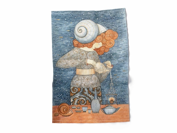 Red Hair Lady Linen Kitchen Towel: Artist Milda Kozyroviciute Art