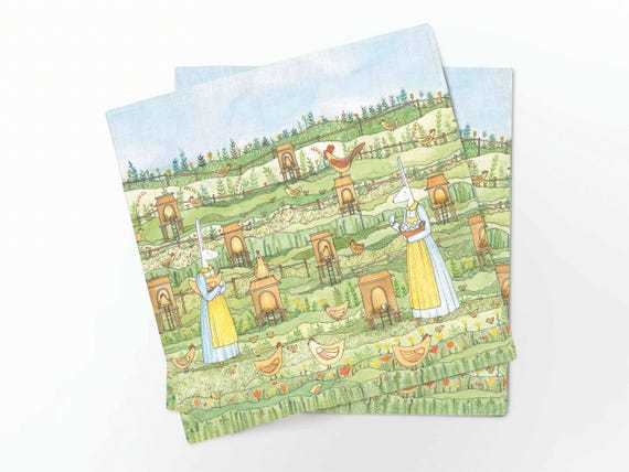 Napkins set, Easter Morning, chicken and rabbits collection, Easter table decor, 100% linen