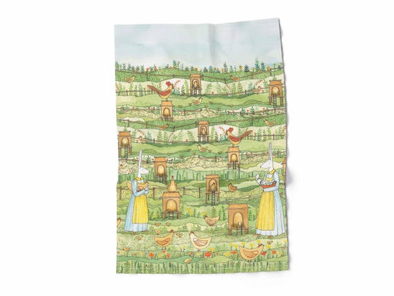 Kitchen towel, Easter Morning, chicken and rabbits collection, Easter table decor, 100% linen