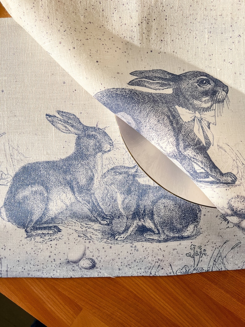 Easter placemats, Toile de Jouy Rabbit, linen placemats, Easter table decor, Easter rabbit, Toile de Jouy, 100% linen, Europe image 3