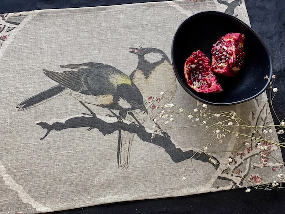 Placemats set, Winter & Birds, linen placemats, Christmas placemats, Vintage Christmas, Vintage decor, 100% linen