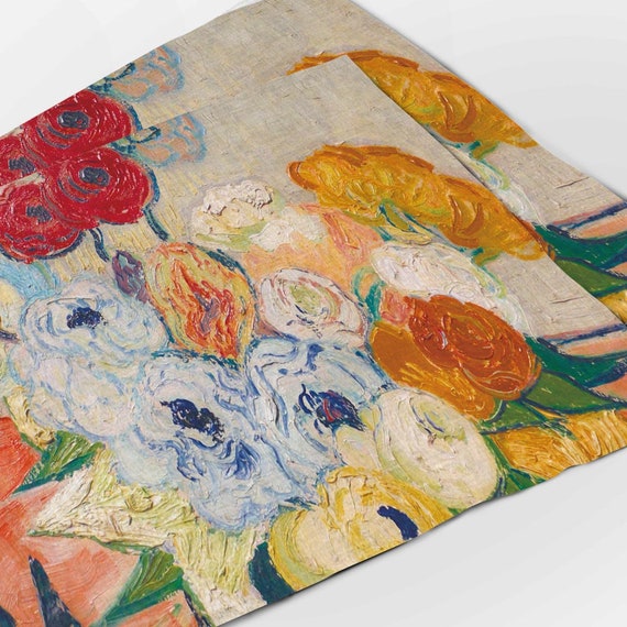 Placemats set, Japanese Vase with Roses and Anemones, Vincent van Gogh, 1890, fabric placemats, 100% linen