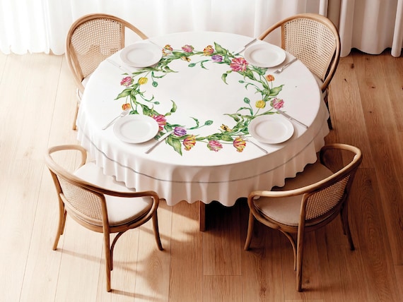 Round Linen Tablecloth, Parrot Tulip Print, handmade, 100% linen