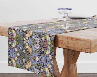 Table runner, William Morris, Strawberry Thief, 19 x 56", custom size table runner, 100% linen, linen table top