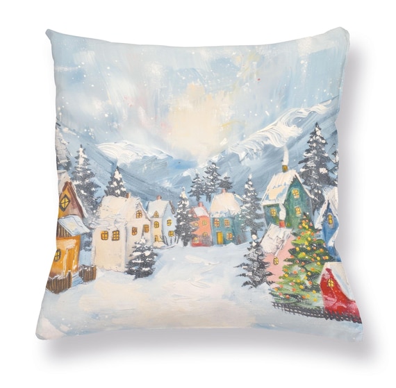 Cushion cover, Mountain Village, Linen Home Decoration, 100% linen, Vintage Christmas Pillow, Snowy Winter print, Cozy Couch Pillow.