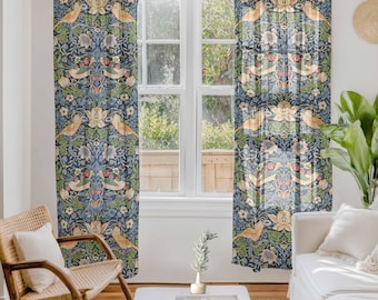 Tende in lino "Strawberry Thief" di William Morris, set con tasca porta-asta