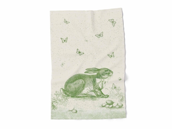 Easter Linen Kitchen Towel, Toile de Jouy Rabbit Print, Green